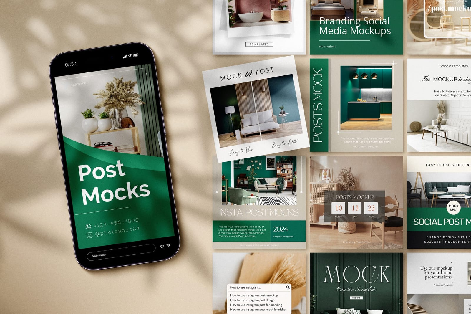 Branding Green Instagram Post Feed Social Set Mockup