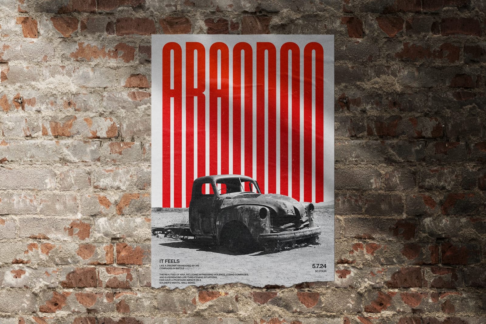 Glued Ripped Poster Mockup on Wall Brick
