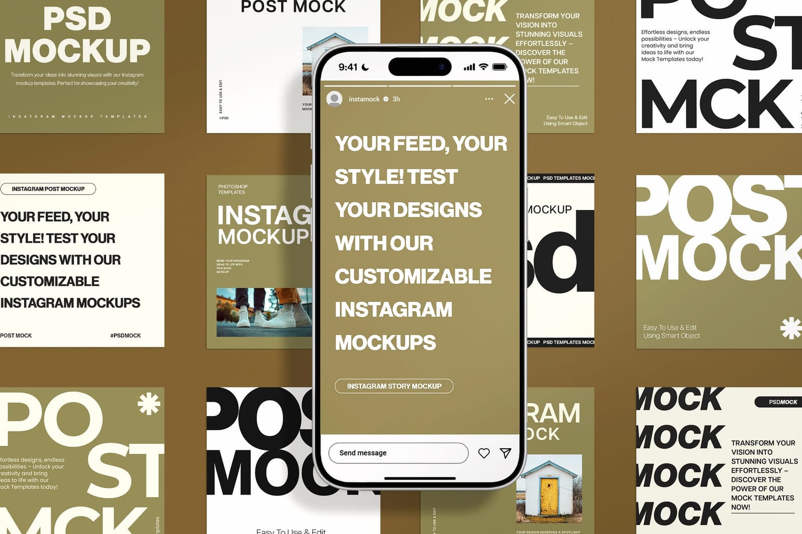 Insta Story Phone UI Over Full Instagram Post Grid Mockup