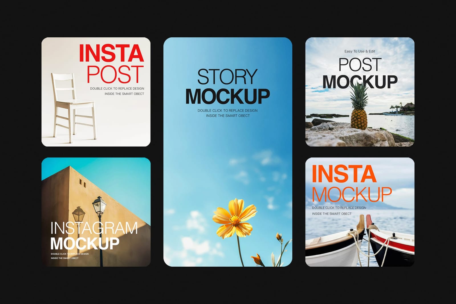 Symmetric Centered Insta Story Mixed Grid Row Post Mockup