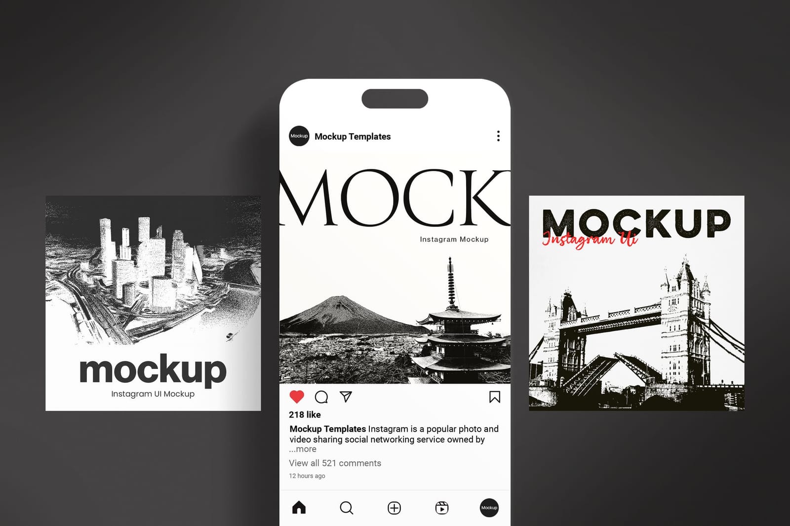 Symmetrical Monochrome iPhone Screen with Instagram Post UI Mockup