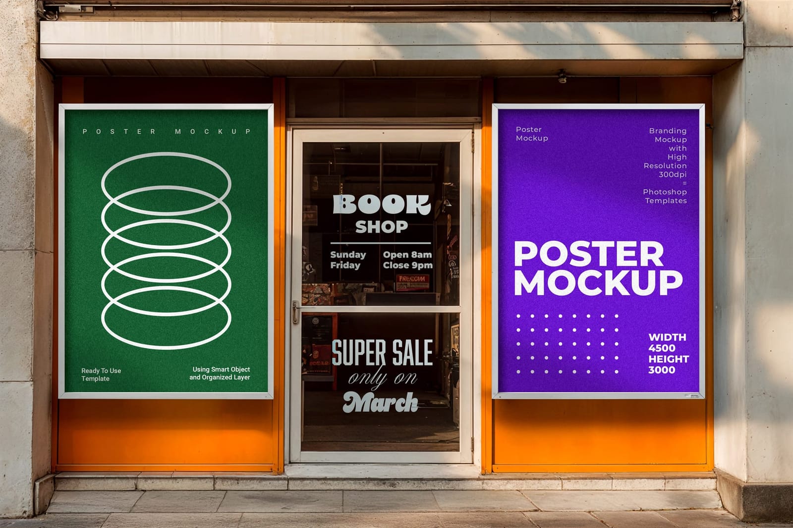 Two Outdoor Poster Mockups At A Book Shop Entrance
