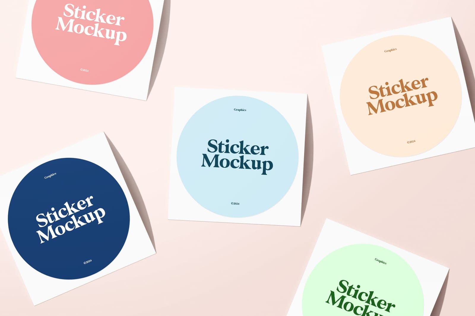 Various Five Pastel Square Flatlay Sticker Collection Mockup