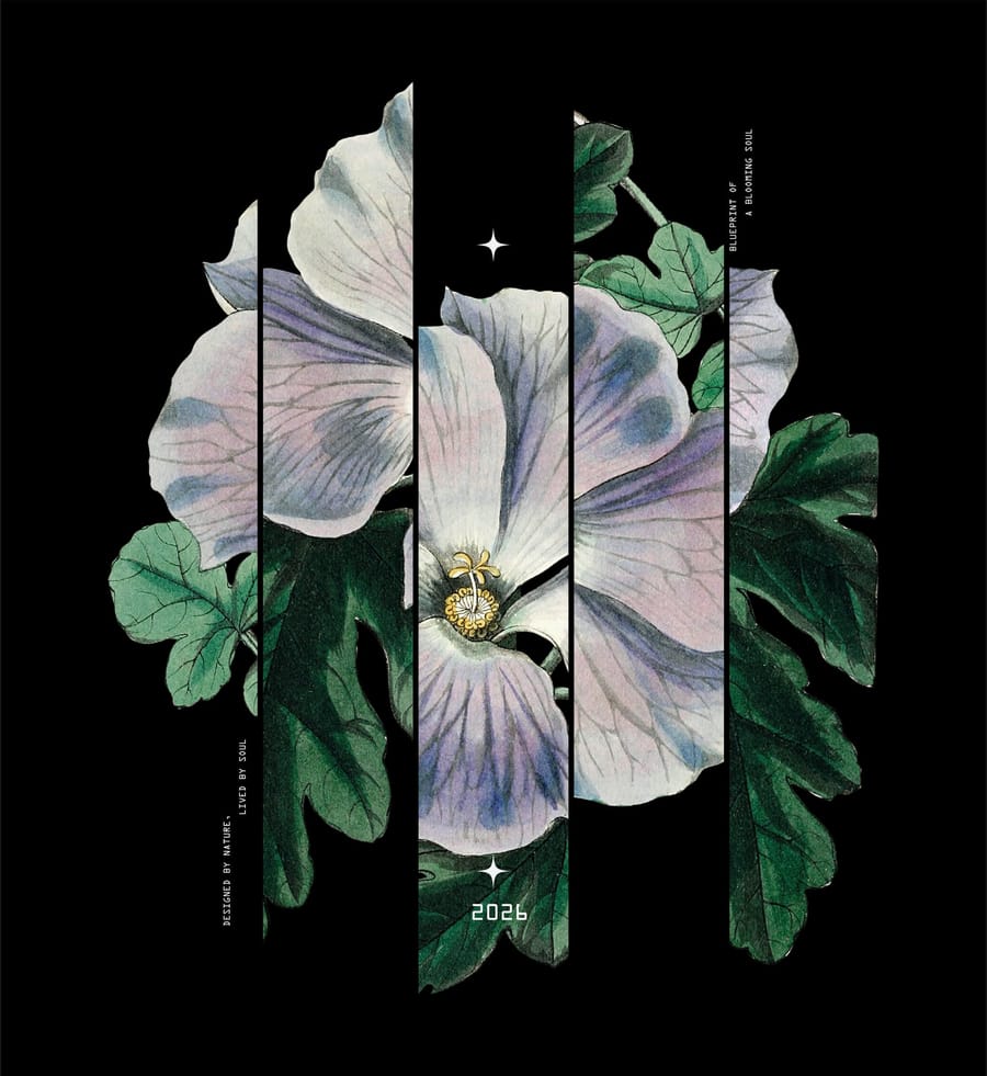 Vintage Botanical Hibiscus Flower Sliced Graphic Art with Blueprint of a Blooming Soul Minimalist Text and Lavender Petal Illustration on Black Background