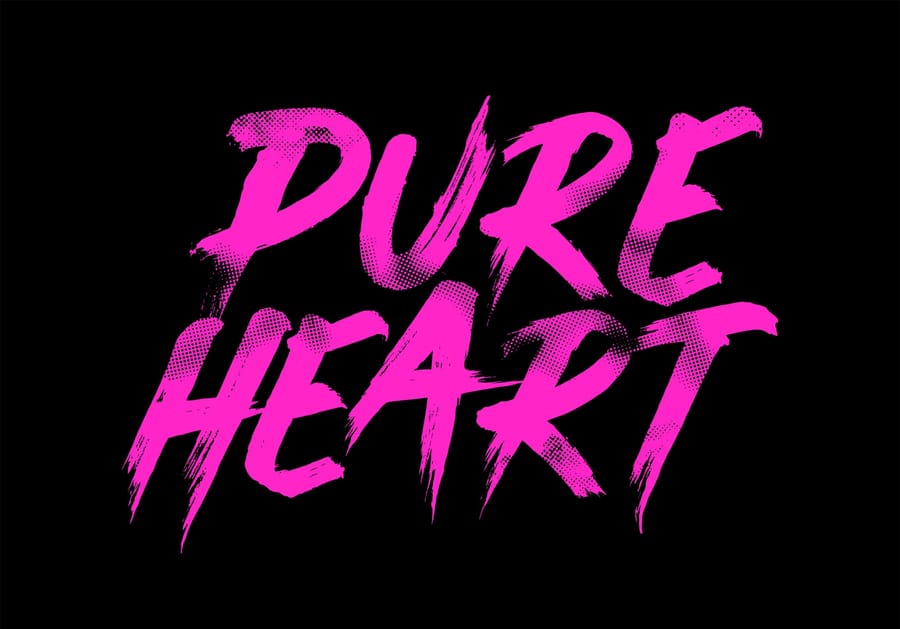 Edgy Hot Pink Pure Heart Streetwear Typography with Distressed Brush Stroke Font and Halftone Dot Texture for Bold Grunge and Urban Aesthetic Styles