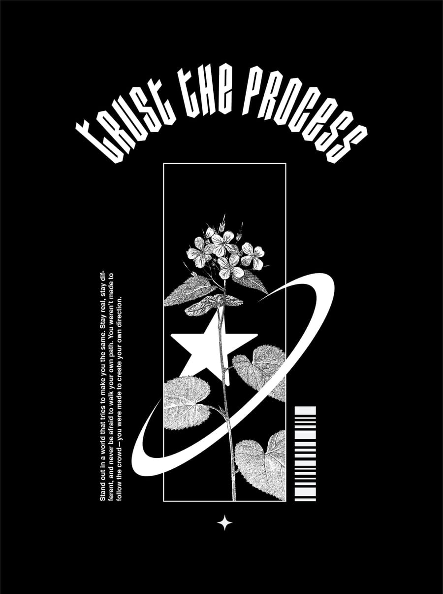 Trust The Process, Minimalist Botanical Collage Art, Motivational Typography Print, Modern Black and White Wall Decor