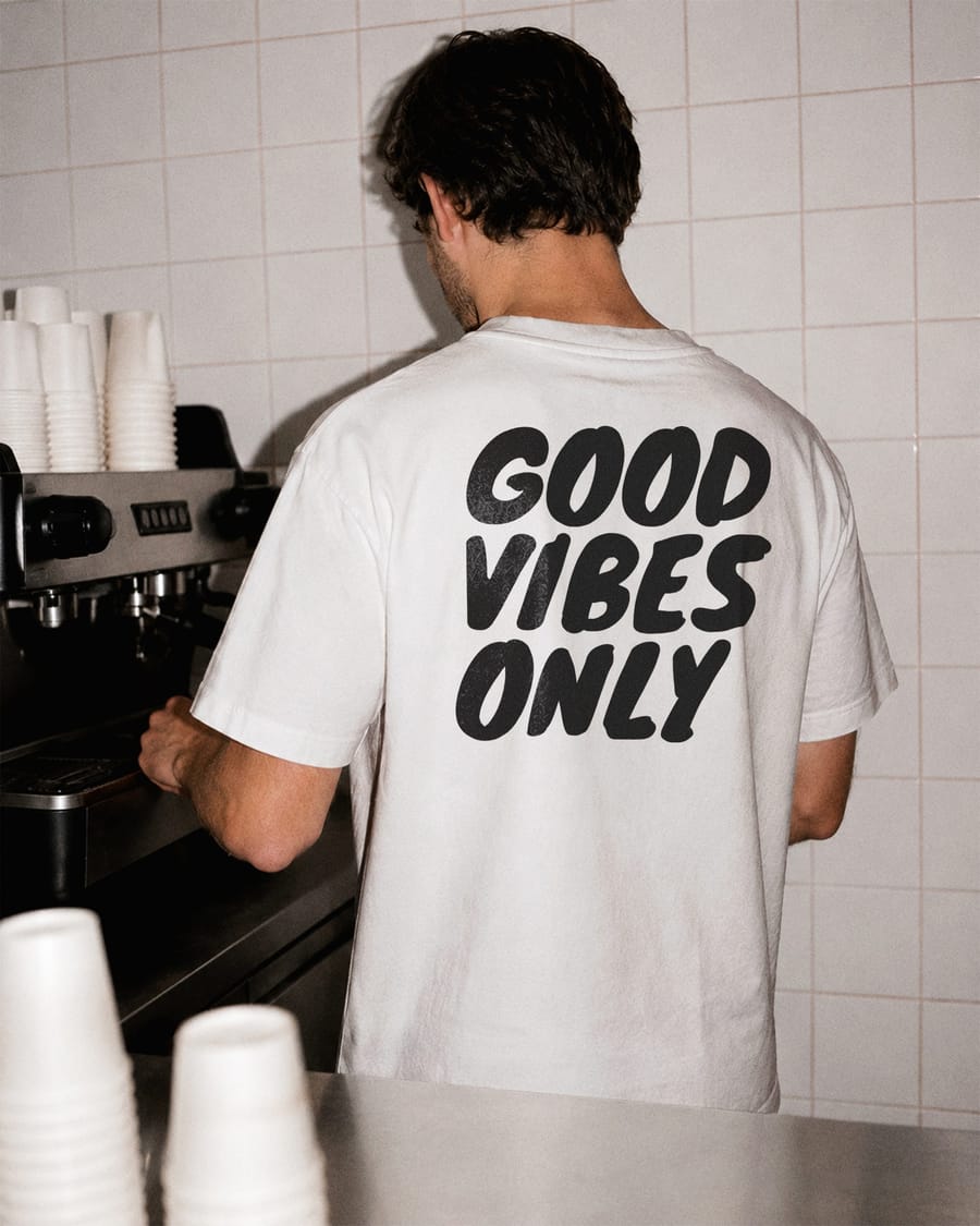 Back View T Shirt Mockup Coffee Shop Lifestyle Scene