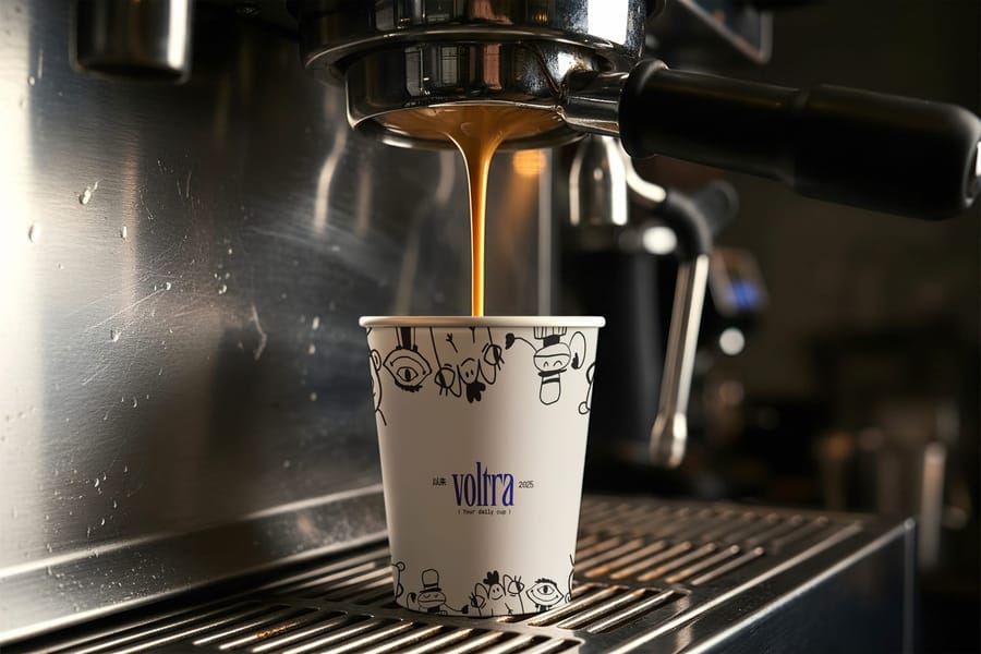 Brand Coffee Cup Mockup with Espresso Machine Background