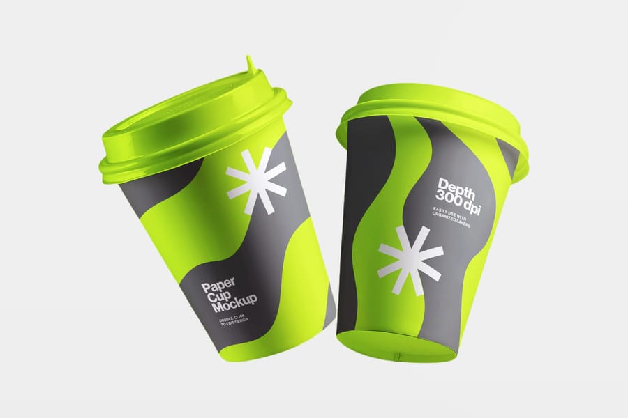 Double Floating Lime and Black Swirl Paper Cup Coffee Mockup