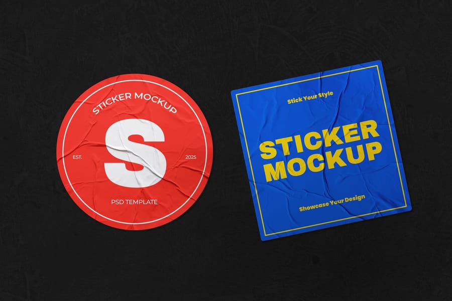 Dual Shapes Dark Wrinkled Sticker Pack Mockup