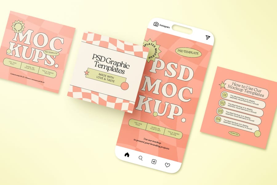 Floating Instagram Post with iPhone Screen Carousel Mockup