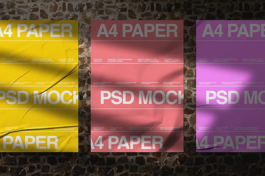 Glued Poster Mockup On Rock Wall Background