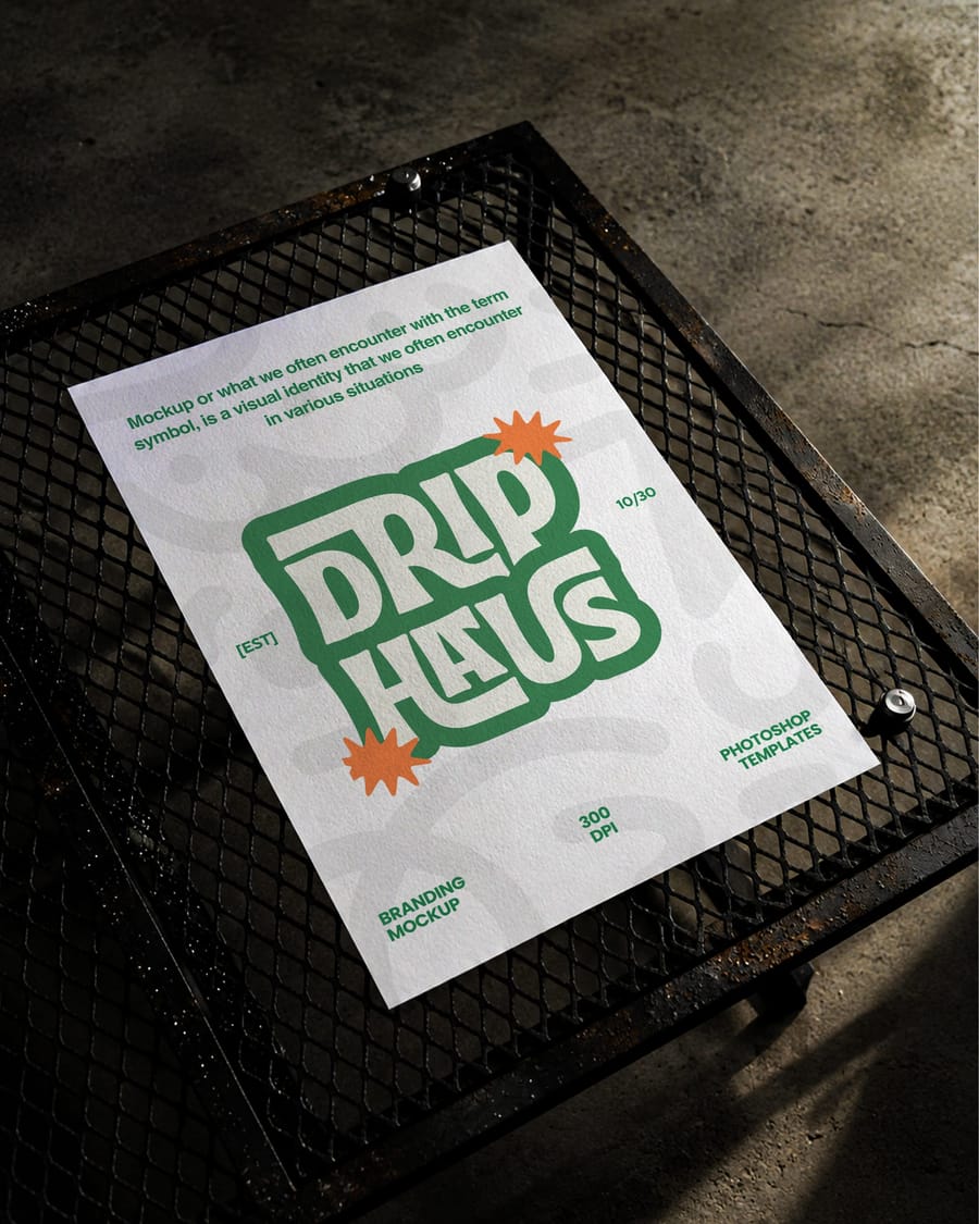Industrial Metal Mesh Flyer Poster Mockup on Concrete Floor