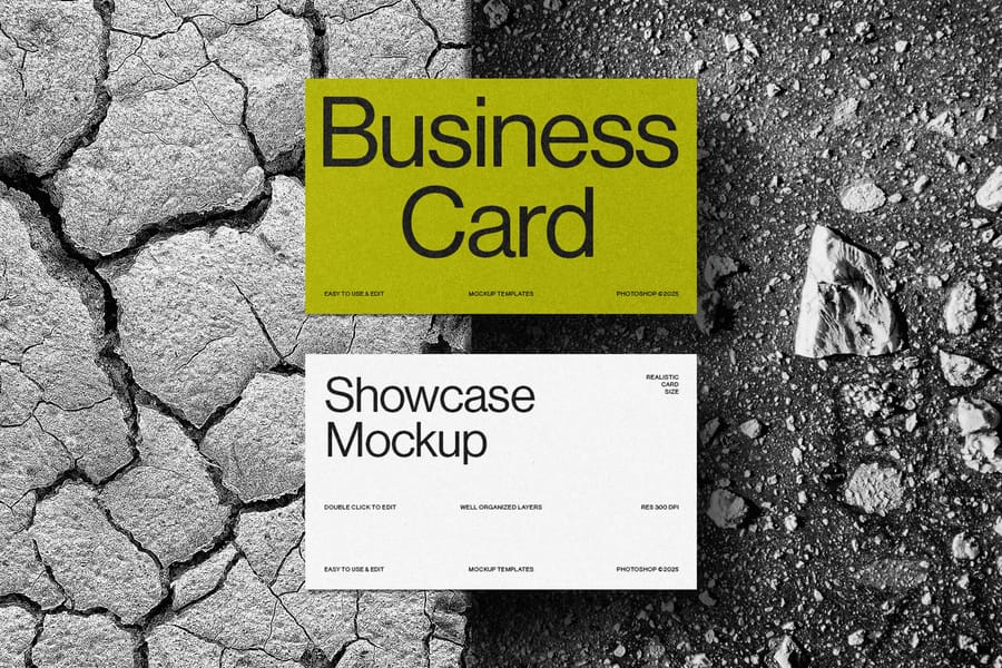 Minimal Business Card Showcase Mockup on Cracked Concrete Surface