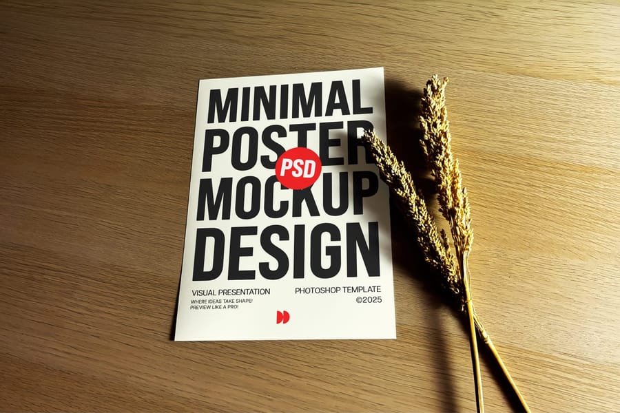 Minimal Poster Mockup on Wood Background