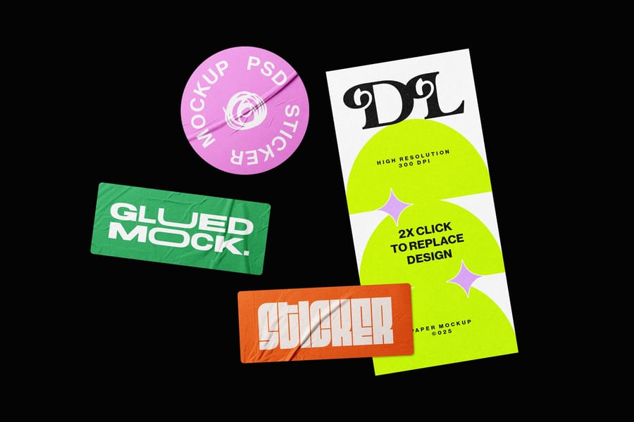 Neon Stationery Sticker Set Mockup with Dark Background