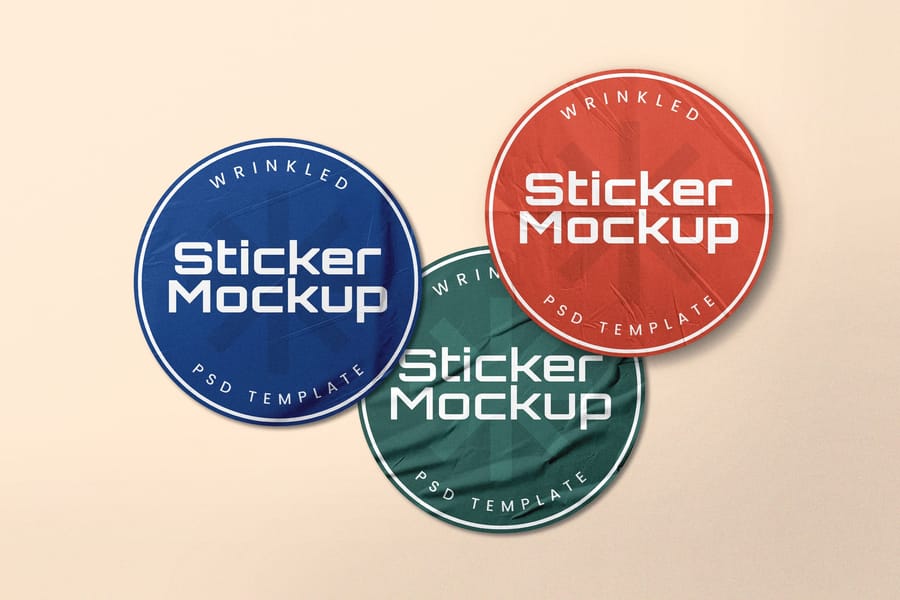 Overlapping Triadic Wrinkled Sticker Badges Mockup