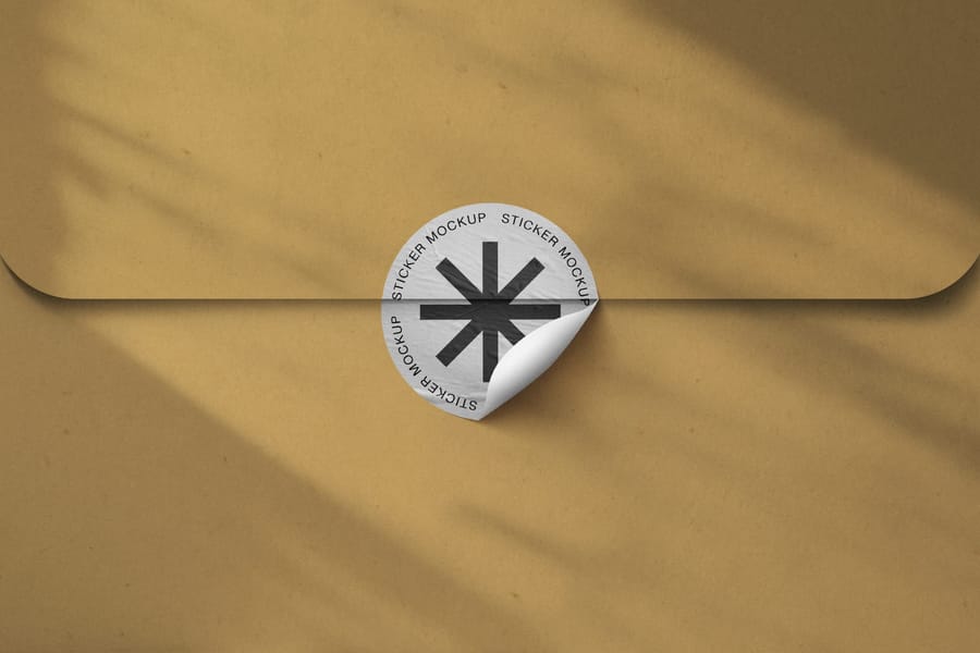 Peeling Asterisk Emblem Sticker Mockup with Kraft Paper Background