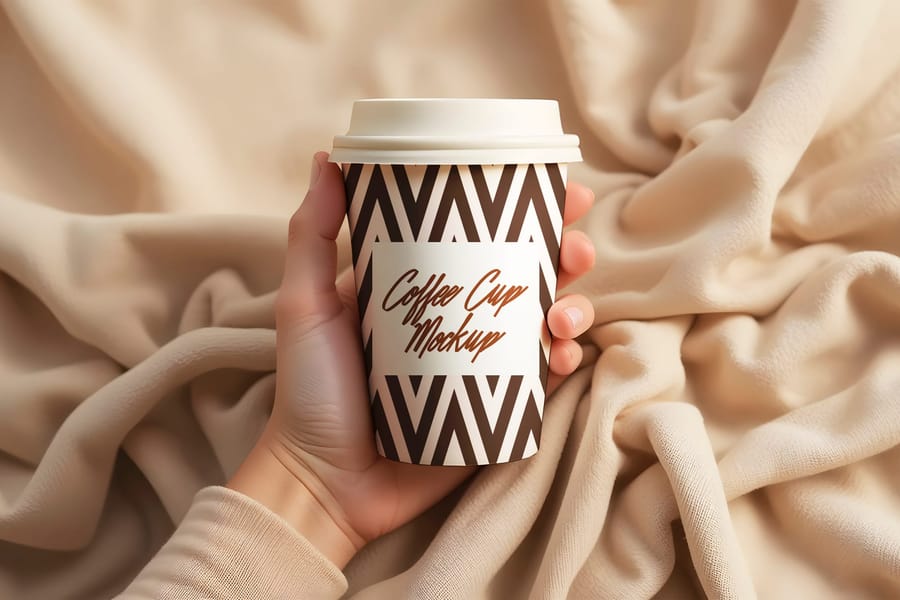 Realistic Branding  Paper Cup Coffee Mockup with Fabric Background
