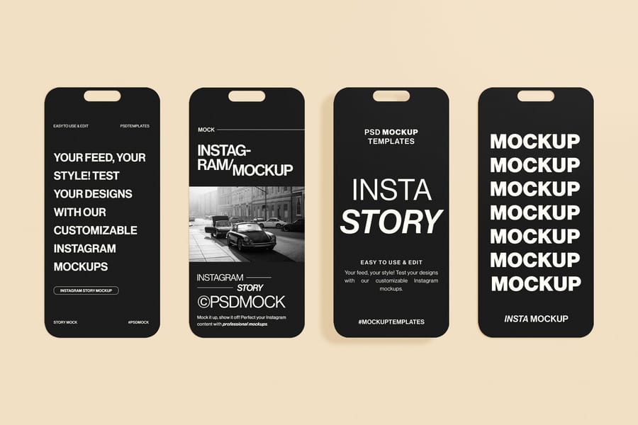 Row of Quad Vertical Instagram Story UI Mockup