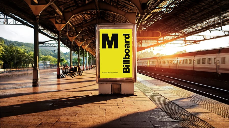 Stand Yellow Vertical Billboard Sign Mockup on Train Station