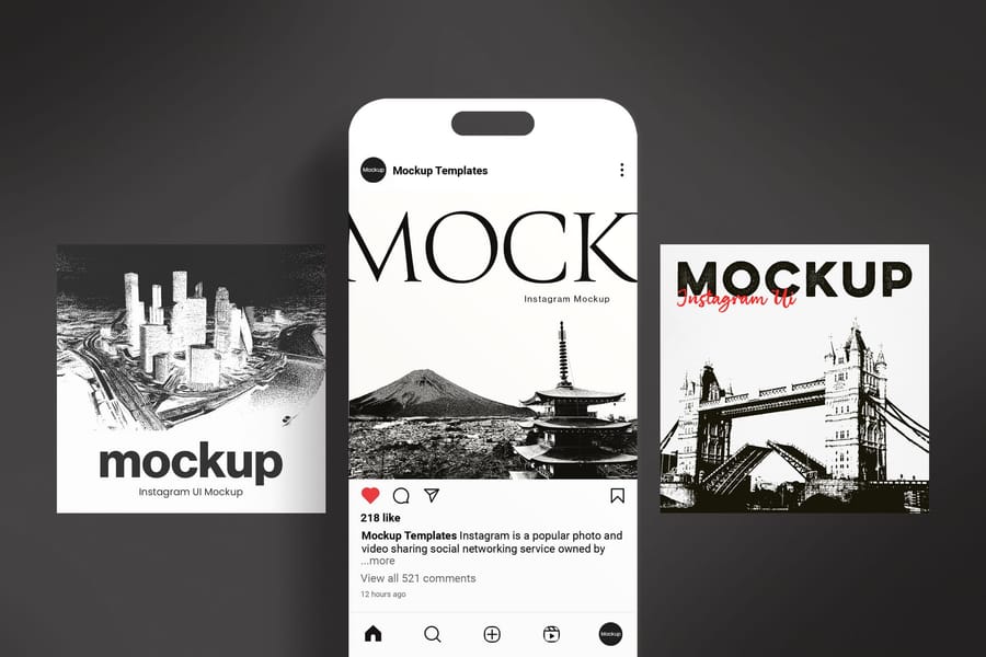 Symmetrical Monochrome iPhone Screen with Instagram Post UI Mockup