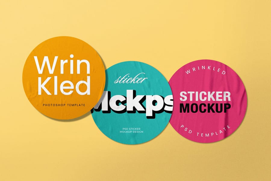 Three Wrinkled Round Sticker Set Mockup