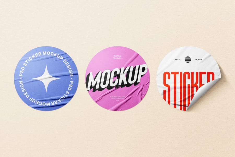 Trio Wrinkled Paper Sticker Mockup