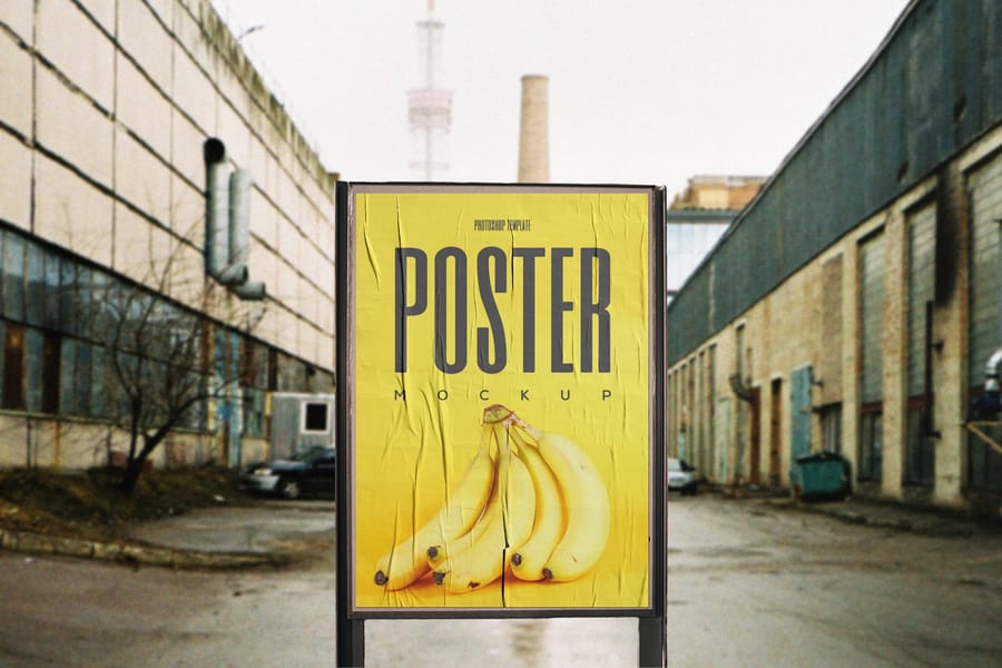 Urban Wrinkled Vertical Billboard Sign Mockup