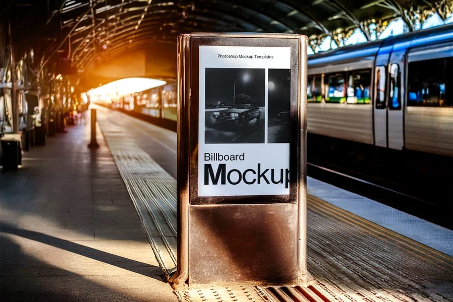 Vertical Sign Billboard Mockup on Train Station