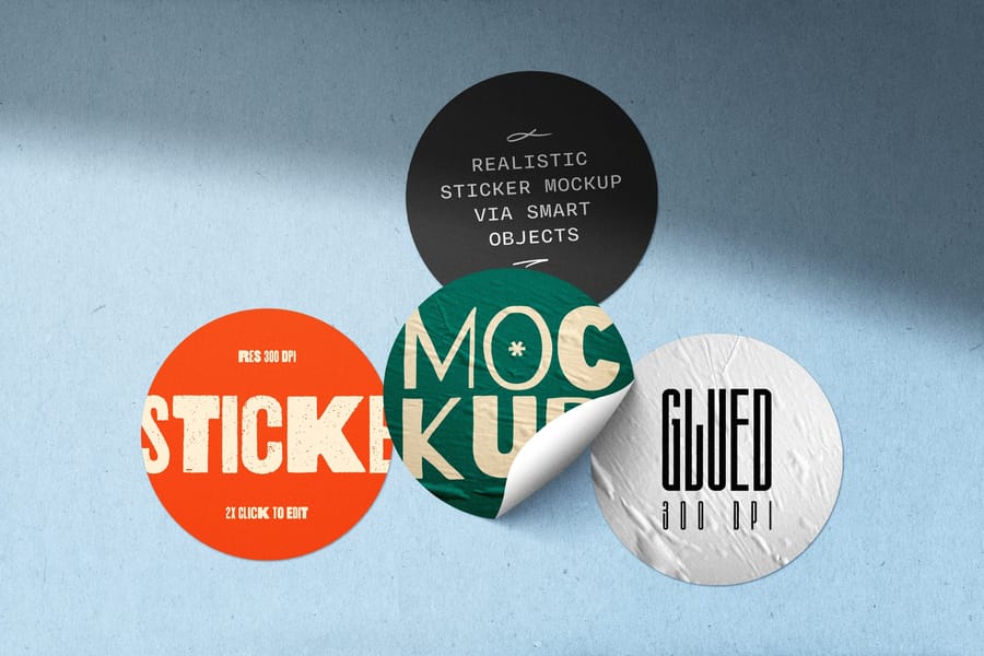 Wrinkled Circle Badges Sticker Mockup with Shadow