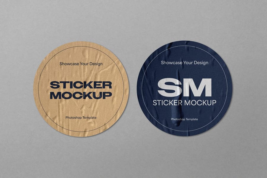 Wrinkled Circular with Kraft and Navy Duo Badges Sticker Mockup