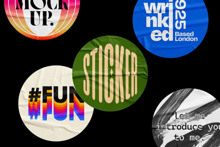 Wrinkled Vibrant Round Sticker Badges Set Mockup