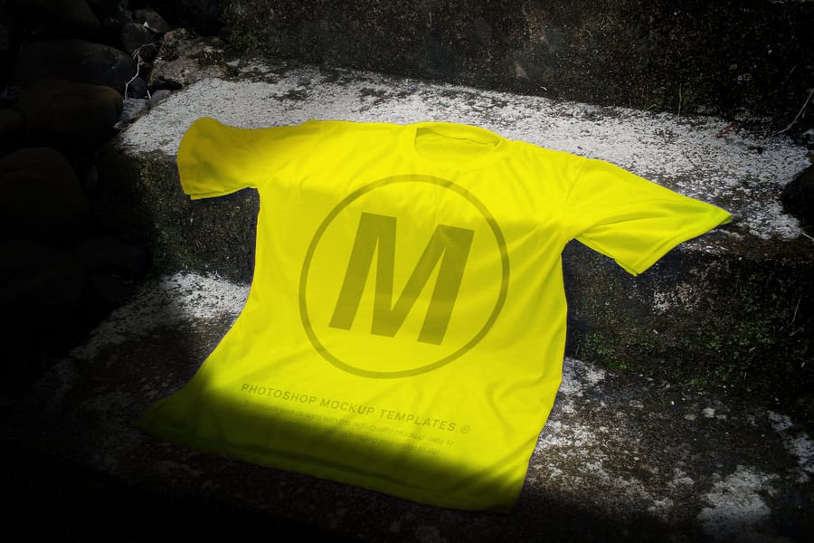 Neon Yellow T-Shirt Mockup On Stone Stairs