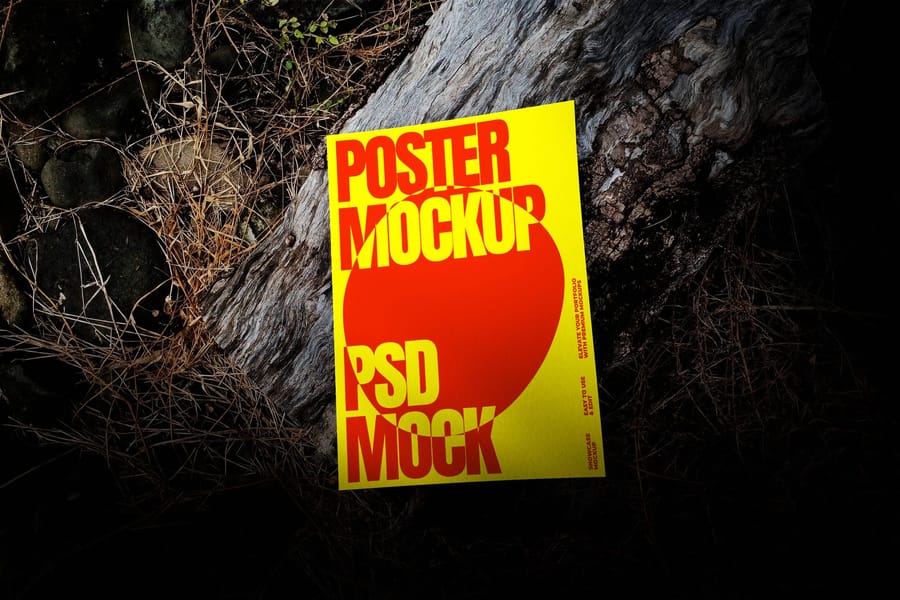 Poster Mockup On Wooden Log
