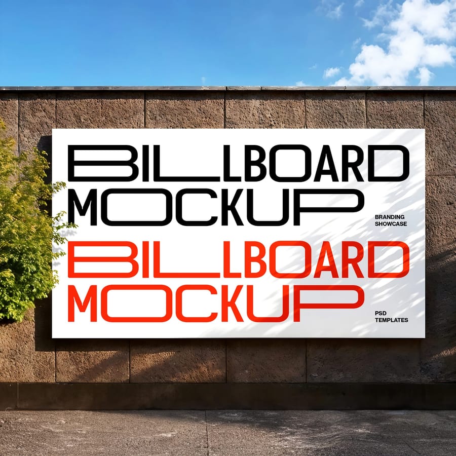 Rectangle Billboard Mockup On Red Stone Wall Background with Tree