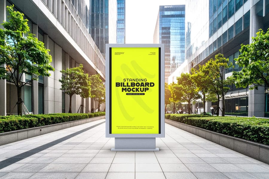 Urban Standing Billboard Mockup with Office Building Background View