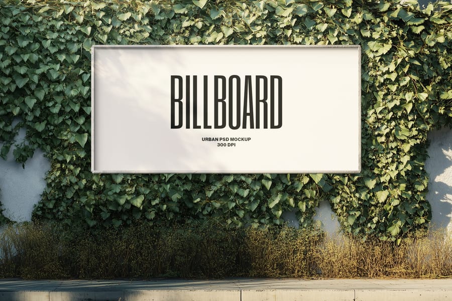 Urban Street Sidewalk Billboard Mockup with Plant Background