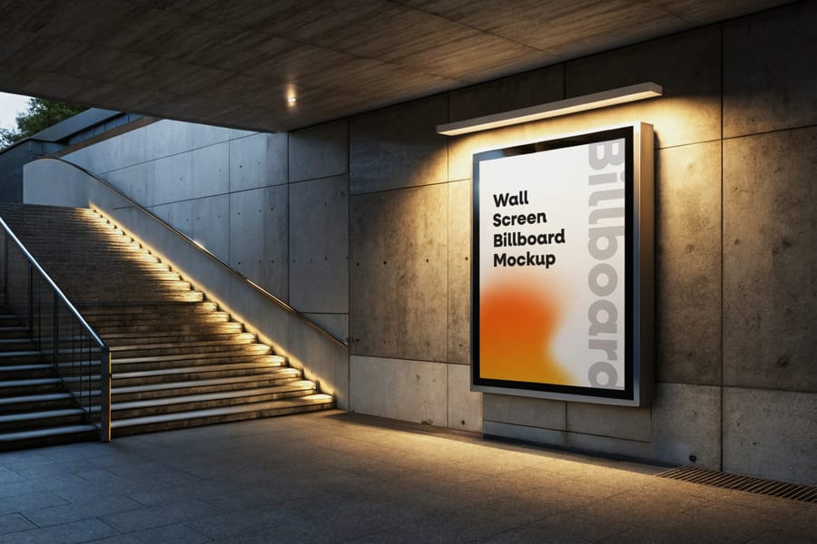 Urban Wall Screen Billboard Mockup at Underground Concrete Stairwell